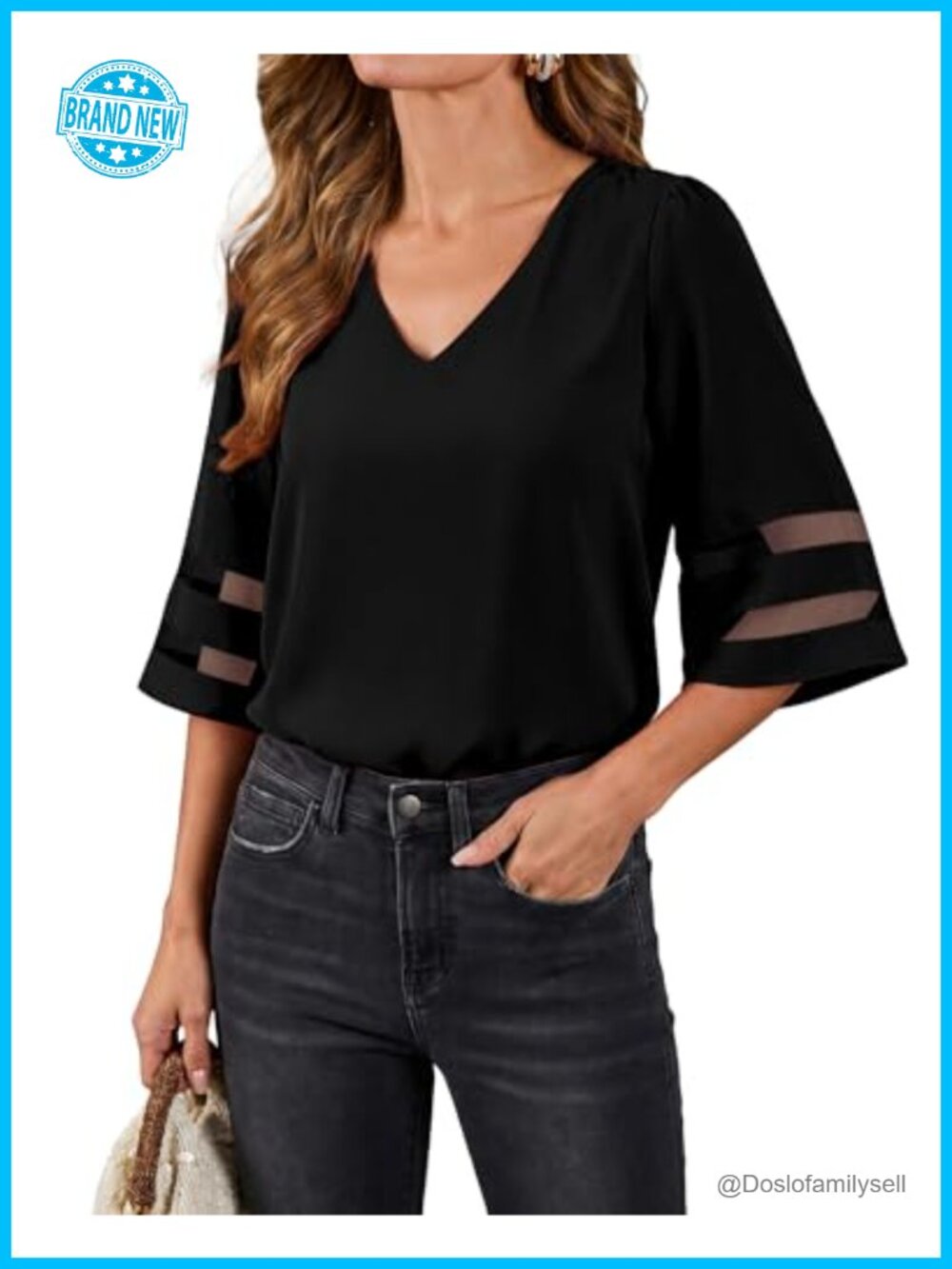 V Neck Mesh Panel Blouse 3/4 Bell Sleeve Loose Work Top Shirt